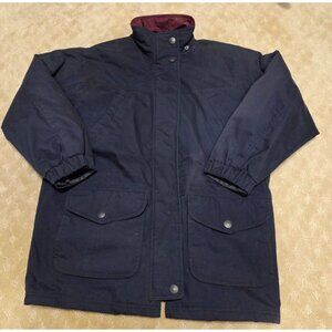 St Johns Bay Parka Womens Petite Large Navy Blue Barn Coat Flannel Lined Vintage